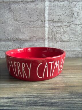 Rae Dunn MERRY CATMAS Ceramic Cat Bowl Red White Magenta Holiday